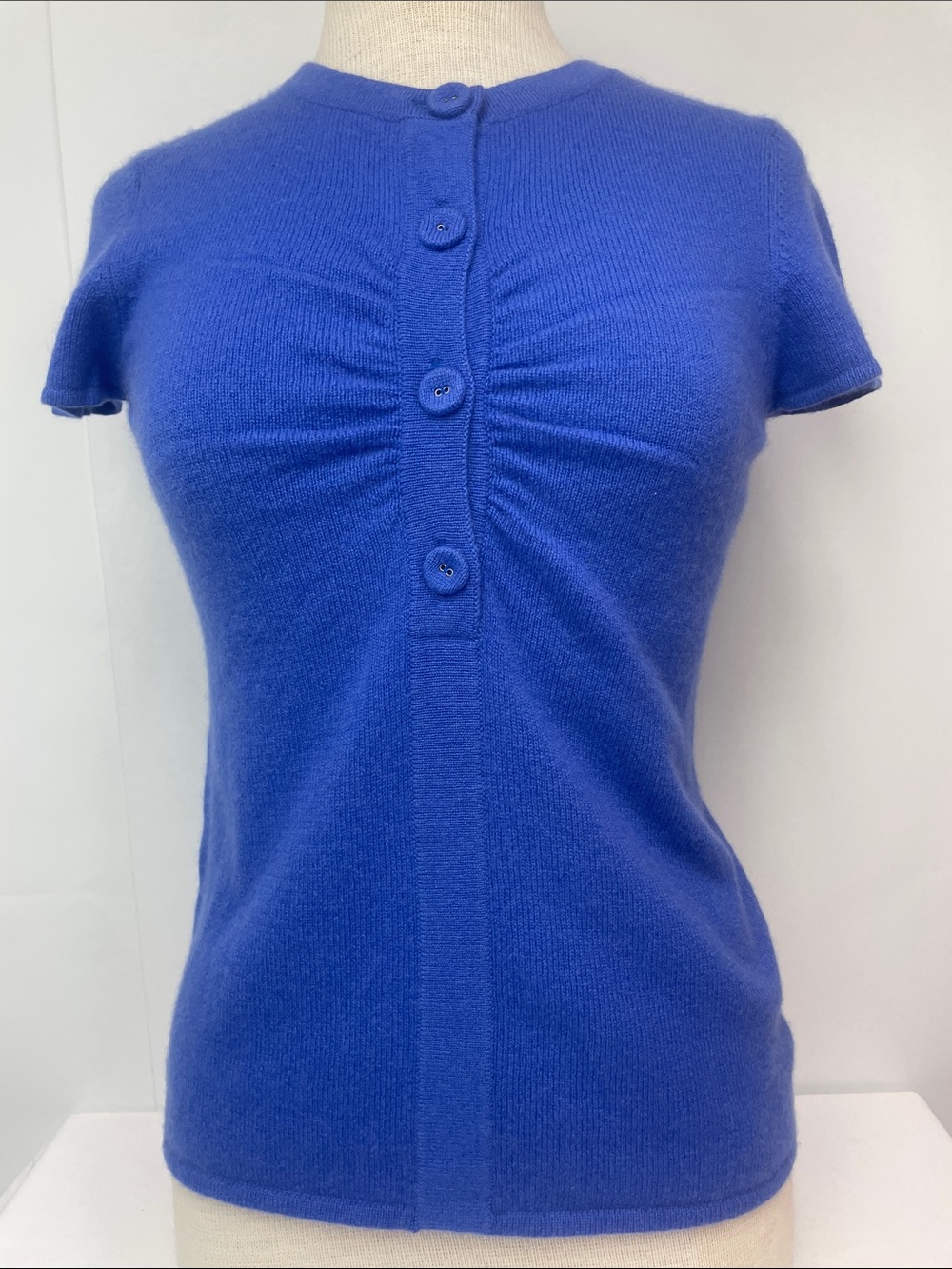Kinross Cashmere Royal Blue Short-Sleeve Button-Front Knit Top, Size S